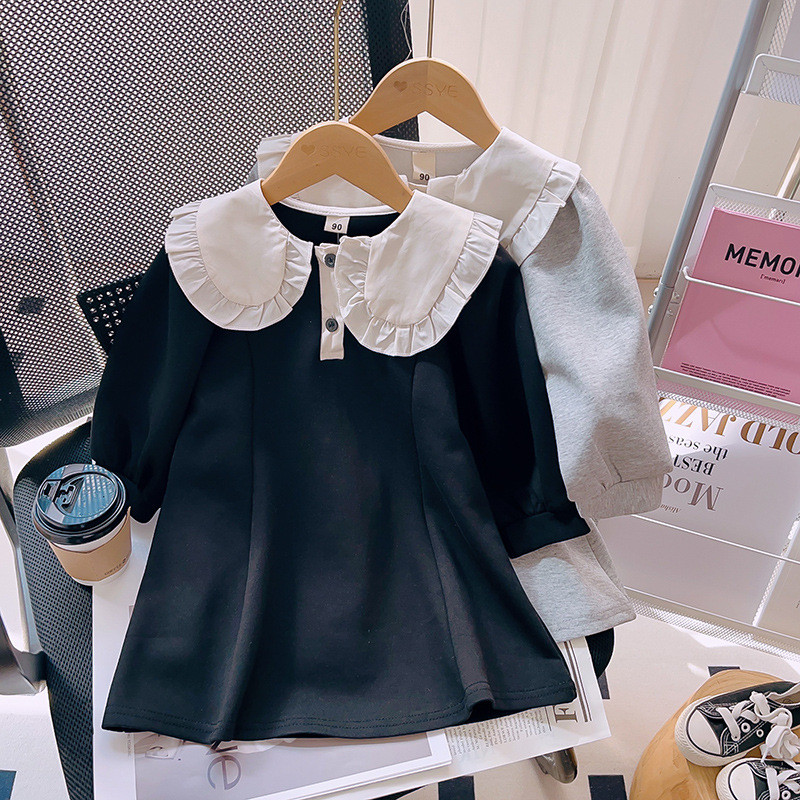 2023 Uus kevad/sügis Tüdrukute dressipluus Kleit Pikk Ühevärviline Varrukas Vabaaja reväär Collae Kleidid Tüdrukute Riided 2-7A