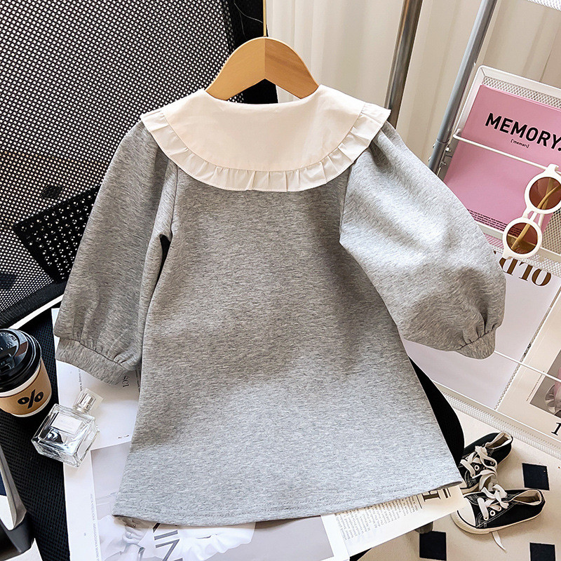 2023 Uus kevad/sügis Tüdrukute dressipluus Kleit Pikk Ühevärviline Varrukas Vabaaja reväär Collae Kleidid Tüdrukute Riided 2-7A