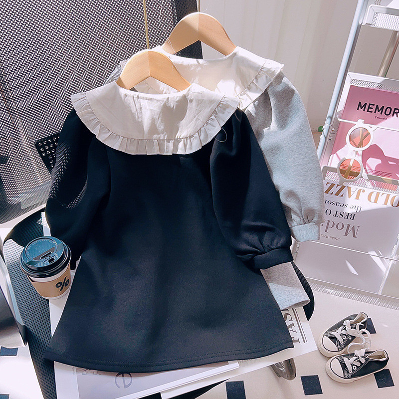 2023 Uus kevad/sügis Tüdrukute dressipluus Kleit Pikk Ühevärviline Varrukas Vabaaja reväär Collae Kleidid Tüdrukute Riided 2-7A