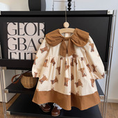 Korėjietiškos versijos ilgomis rankovėmis raukinta suknelės apykaklė rudens animacinių filmų meškiukas princesė nauja suknelė gėlėmis marginta vakarėlio suknelė vaikams mergaitei