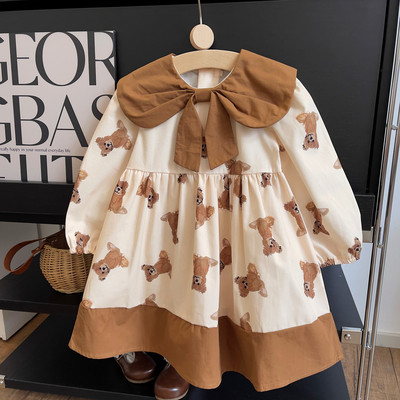 Korėjietiškos versijos ilgomis rankovėmis raukinta suknelės apykaklė rudens animacinių filmų meškiukas princesė nauja suknelė gėlėmis marginta vakarėlio suknelė vaikams mergaitei