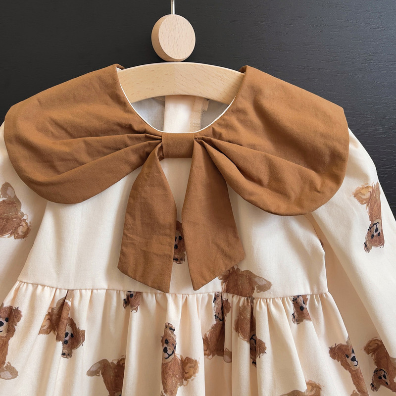 Korėjietiškos versijos ilgomis rankovėmis raukinta suknelės apykaklė rudens animacinių filmų meškiukas princesė nauja suknelė gėlėmis marginta vakarėlio suknelė vaikams mergaitei