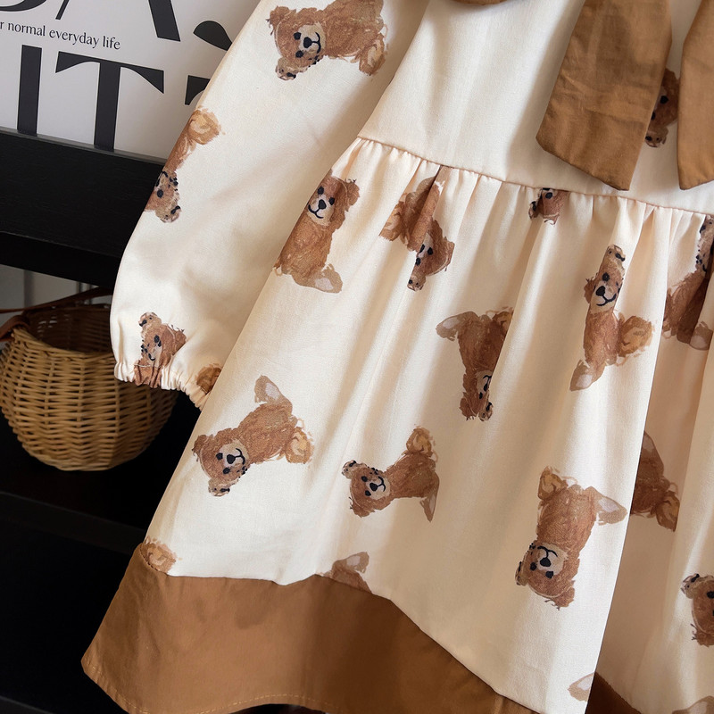 Korėjietiškos versijos ilgomis rankovėmis raukinta suknelės apykaklė rudens animacinių filmų meškiukas princesė nauja suknelė gėlėmis marginta vakarėlio suknelė vaikams mergaitei