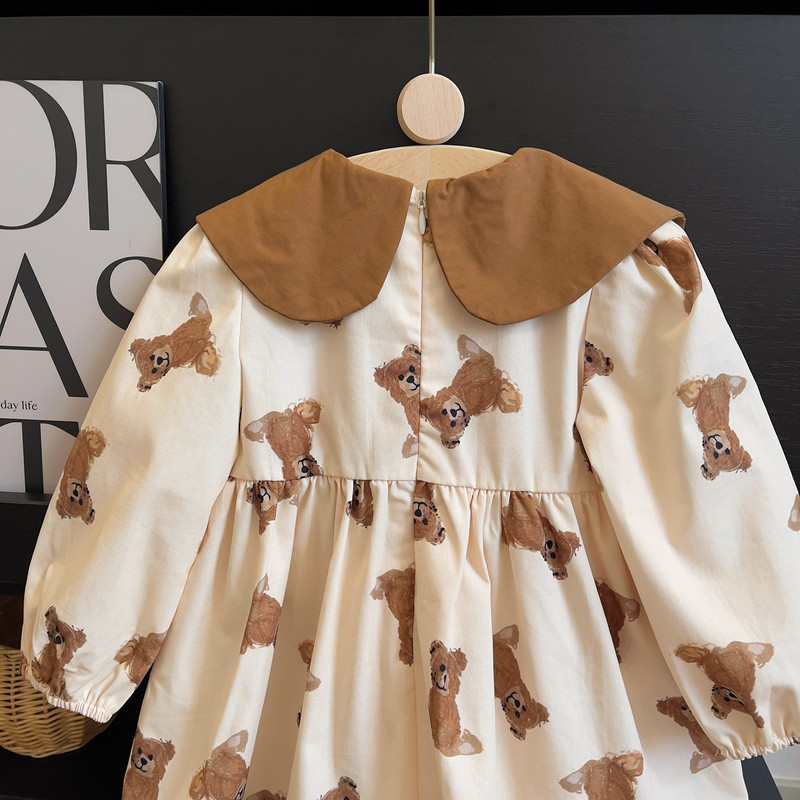 Korėjietiškos versijos ilgomis rankovėmis raukinta suknelės apykaklė rudens animacinių filmų meškiukas princesė nauja suknelė gėlėmis marginta vakarėlio suknelė vaikams mergaitei