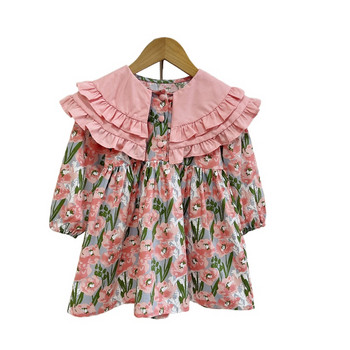 Κορίτσια Φόρεμα 2023 Νέα Άνοιξη Φθινόπωρο Παιδικά Υπέροχη Μόδα Ποιμενική Ροζ Floral Πριγκίπισσα Ένδυση για κορίτσια Φορέματα πέτο 2-7 ετών