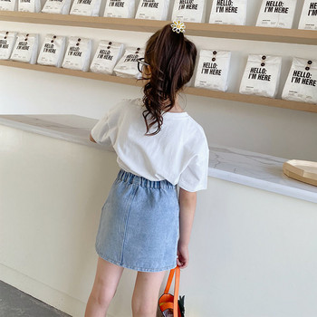 Παιδικές κοριτσίστικες καλοκαιρινές φούστες Φούστες τζιν με έγχρωμο κουμπί 2022 Νέες εφηβικές, καθημερινές τζιν φούστες Μπλε φούστες σε γραμμή Α Κορέας