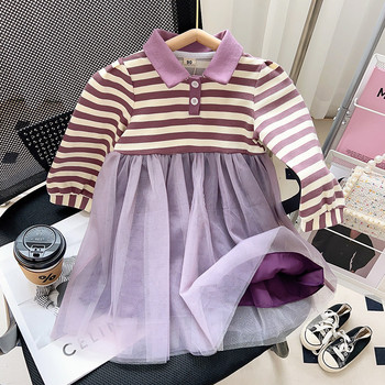 Φθινόπωρο 2023 Νέο Παιδικό Φόρεμα Κορεατικής Έκδοσης Κοριτσάκι ριγέ συνονθύλευμα μακρυμάνικο βρεφικό φόρεμα για κορίτσια Γλυκά πριγκίπισσα γάζα φορέματα 2-7 ετών