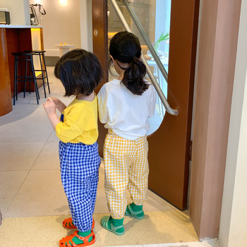 Корейско детско облекло 2023 Бебешки летни детски панталони Двуслойни памучни карирани ежедневни панталони Момчета Момичета Панталони против комари