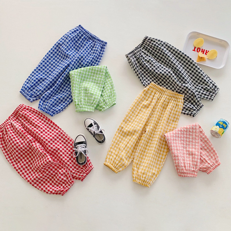 Korea lasterõivad, 2023. aasta beebide suvepüksid, kahekihilised puuvillased ruudulised vabaaja püksid, poisid, tüdrukud, sääsevastased püksid