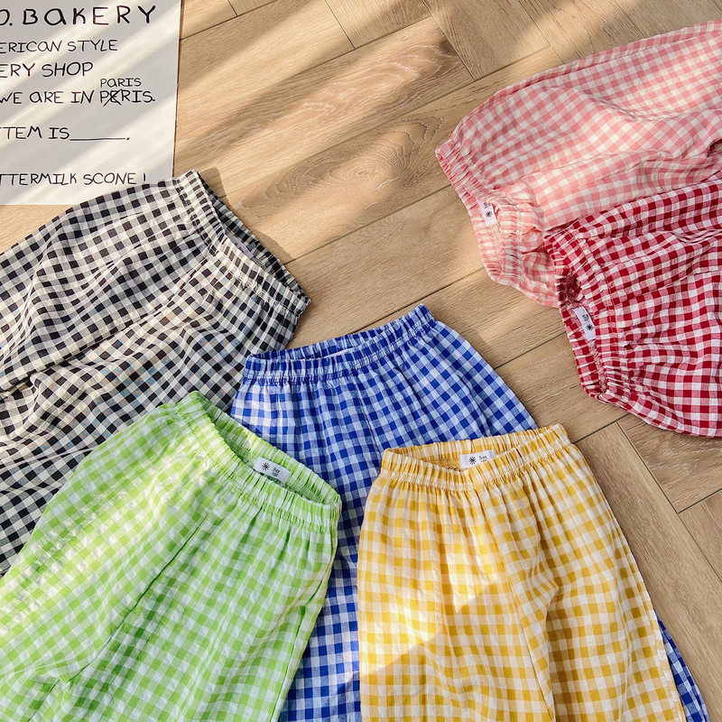 Korea lasterõivad, 2023. aasta beebide suvepüksid, kahekihilised puuvillased ruudulised vabaaja püksid, poisid, tüdrukud, sääsevastased püksid