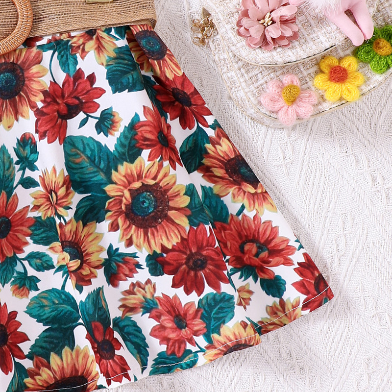 Tüdrukute suvine uus päevalillemustriga poolpikk kleit alg- ja keskkoolilastele