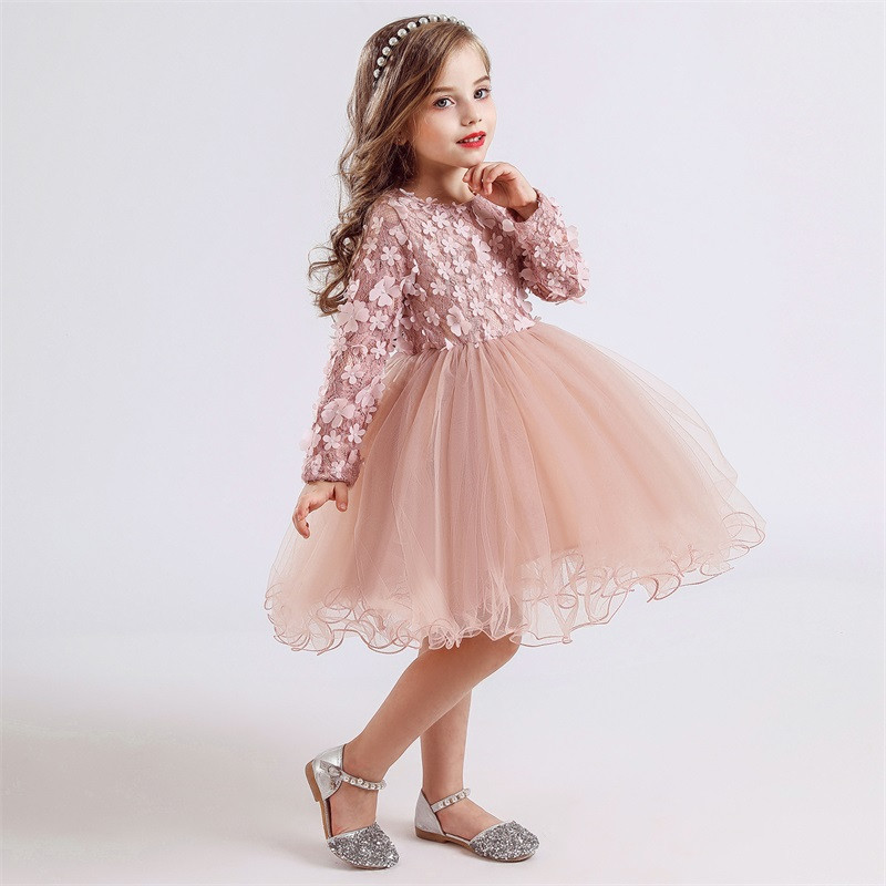 Lilletüdruku pikkade varrukatega laste pulmakleit Pits Tutu Printsessi võrkkleit tüdrukutele Sünnipäevapeokleit Õhturiided 3-8 a