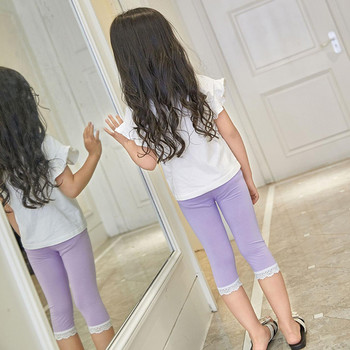 Едноцветни момичешки дантелени панталони с дължина до прасеца Летни тънки модални памучни дрехи Детски дрехи Бебешки клинове за момичета Детски дрехи от 3 до 14 години