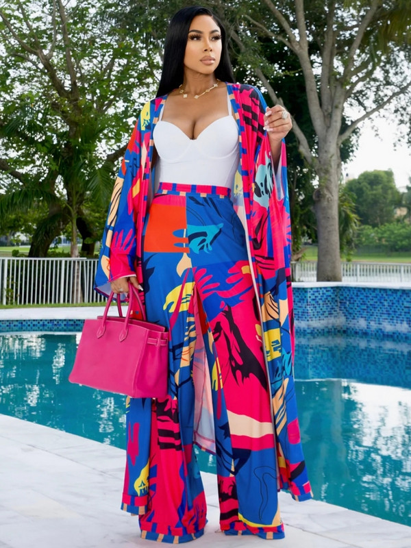 2-osaline komplekt Naiste trükitud kardigantopid, varrukad, V-kaelus, lahtised kõrge vöökohaga laia säärega püksid Aafrika moeülikonnad, uus