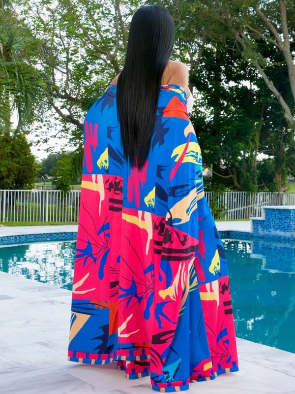 2-osaline komplekt Naiste trükitud kardigantopid, varrukad, V-kaelus, lahtised kõrge vöökohaga laia säärega püksid Aafrika moeülikonnad, uus