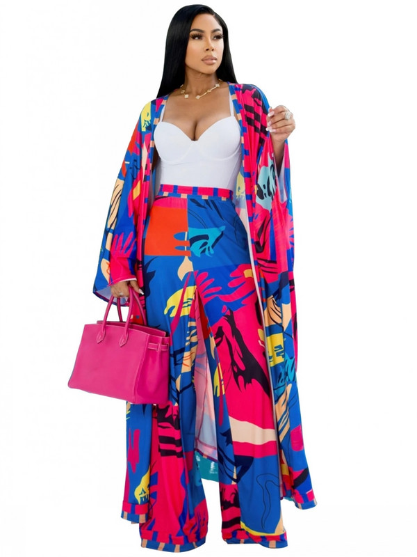 2-osaline komplekt Naiste trükitud kardigantopid, varrukad, V-kaelus, lahtised kõrge vöökohaga laia säärega püksid Aafrika moeülikonnad, uus