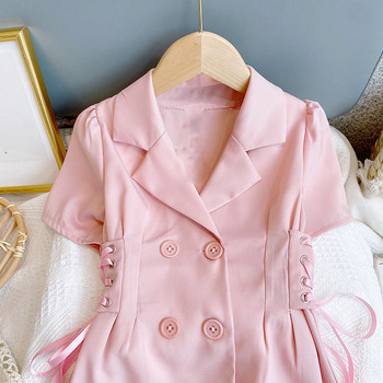 Μπουφάν για κορίτσια 2022 καλοκαιρινά ρούχα με πέτο με κορδόνι με διπλό στήθος μονόχρωμο Παιδικό φόρεμα με φουσκωτά μανίκια