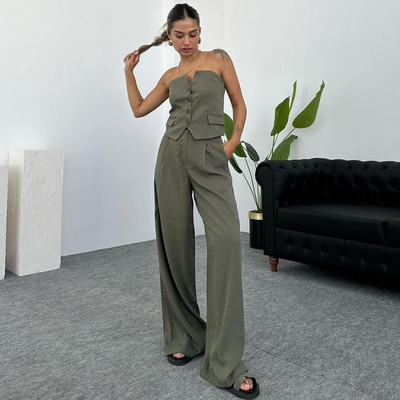 2-dijelni set Ženski dvodijelni set, modni, jednobojni, bez rukava, izdubljena majica bez rukava, široka s džepovima, kompleti kargo hlača, ulična odjeća