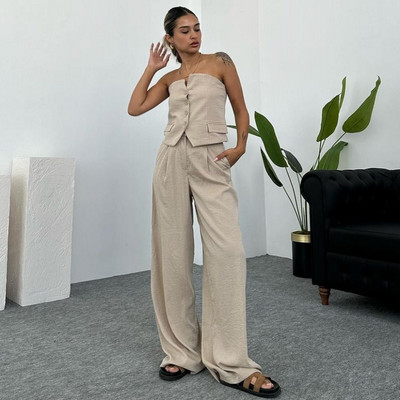 2-dijelni set Ženski dvodijelni set, modni, jednobojni, bez rukava, izdubljena majica bez rukava, široka s džepovima, kompleti kargo hlača, ulična odjeća