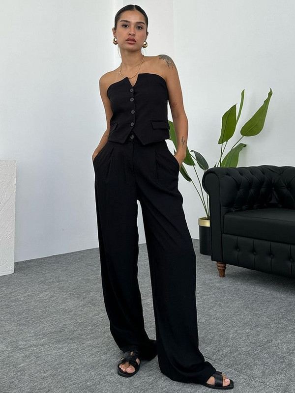 2-dijelni set Ženski dvodijelni set, modni, jednobojni, bez rukava, izdubljena majica bez rukava, široka s džepovima, kompleti kargo hlača, ulična odjeća