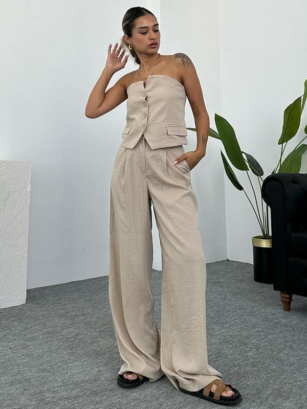 2-dijelni set Ženski dvodijelni set, modni, jednobojni, bez rukava, izdubljena majica bez rukava, široka s džepovima, kompleti kargo hlača, ulična odjeća