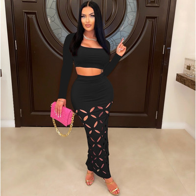 2-dijelni seksi modni ženski set za plažu, jesen 2023., ženske majice dugih rukava i izdubljene suknje Odijela Odgovarajući kompleti odjeće