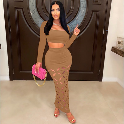 2-dijelni seksi modni ženski set za plažu, jesen 2023., ženske majice dugih rukava i izdubljene suknje Odijela Odgovarajući kompleti odjeće