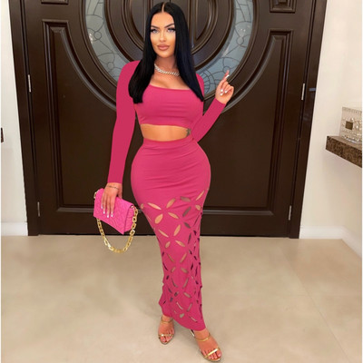 2-dijelni seksi modni ženski set za plažu, jesen 2023., ženske majice dugih rukava i izdubljene suknje Odijela Odgovarajući kompleti odjeće