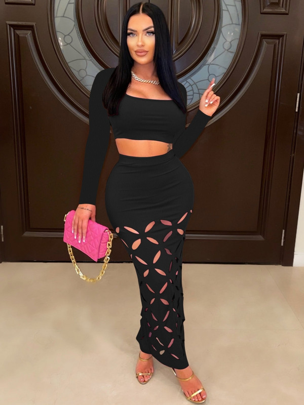 2-dijelni seksi modni ženski set za plažu, jesen 2023., ženske majice dugih rukava i izdubljene suknje Odijela Odgovarajući kompleti odjeće