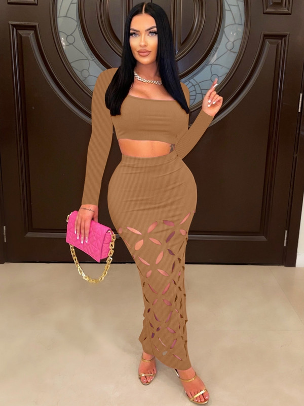 2-dijelni seksi modni ženski set za plažu, jesen 2023., ženske majice dugih rukava i izdubljene suknje Odijela Odgovarajući kompleti odjeće