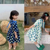 Ljetna haljina za djevojčice s mašnama i cvijećem Mala svježa slatka haljina princeze u korejskom stilu Dječja dječja odjeća za djevojčice