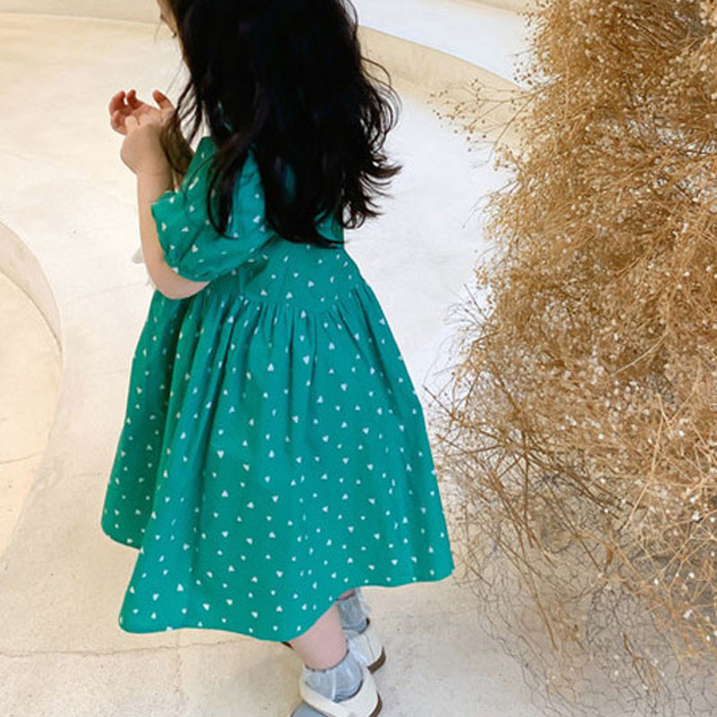 Vasarinė mergaičių suknelė gaivaus stiliaus meilė marginta pūstomis rankovėmis Princesės suknelė kūdikiams vaikiški drabužiai vaikiški drabužiai