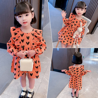 2022 Tüdrukute kleidid Kevad ja Sügis Uued väikelaste pikkade varrukatega tikitud lasteriided Armsad armastustrükiga lasteriided