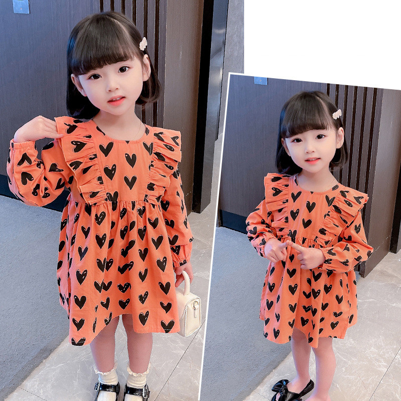 2022 Tüdrukute kleidid Kevad ja Sügis Uued väikelaste pikkade varrukatega tikitud lasteriided Armsad armastustrükiga lasteriided