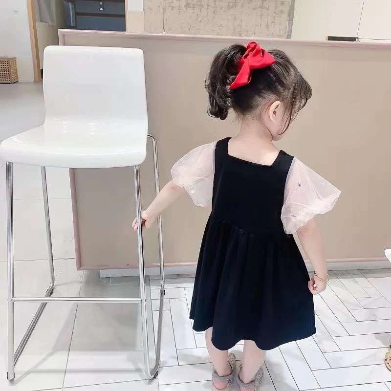 Suvine tüdrukute kleit võrklõng õmmeldud puhvis varrukas Splicing Love Sweet printsesskleit Korea stiilis beebidele lastele lasteriided