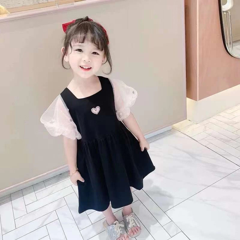 Suvine tüdrukute kleit võrklõng õmmeldud puhvis varrukas Splicing Love Sweet printsesskleit Korea stiilis beebidele lastele lasteriided