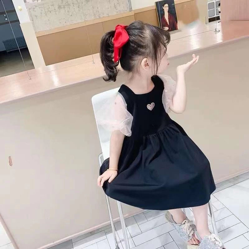 Suvine tüdrukute kleit võrklõng õmmeldud puhvis varrukas Splicing Love Sweet printsesskleit Korea stiilis beebidele lastele lasteriided