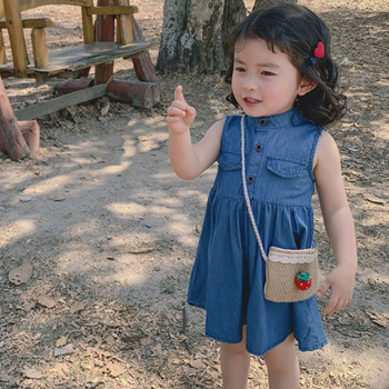 Καλοκαιρινό κοριτσίστικο φόρεμα πλυμένο τζιν με ράψιμο με τσέπη γιακάς αμάνικο γιλέκο φόρεμα Παιδικά παιδικά ρούχα