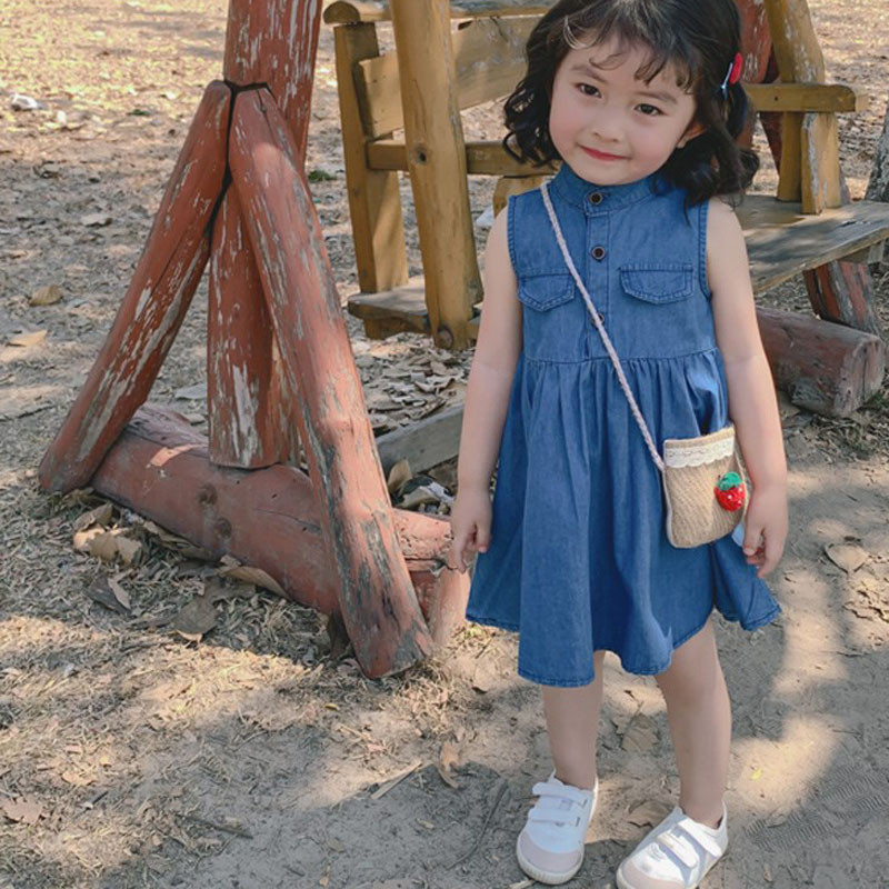 Καλοκαιρινό κοριτσίστικο φόρεμα πλυμένο τζιν με ράψιμο με τσέπη γιακάς αμάνικο γιλέκο φόρεμα Παιδικά παιδικά ρούχα