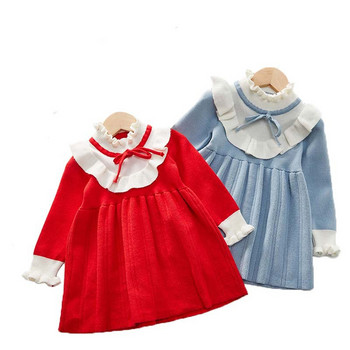 Βρεφικά κορίτσια φθινοπωρινά casual γλυκά φορέματα Χειμώνας 2022 Νέα παιδικά ρούχα Φόρεμα πουλόβερ με φιόγκο άνοιξη Πλεκτό φόρεμα με πλισέ