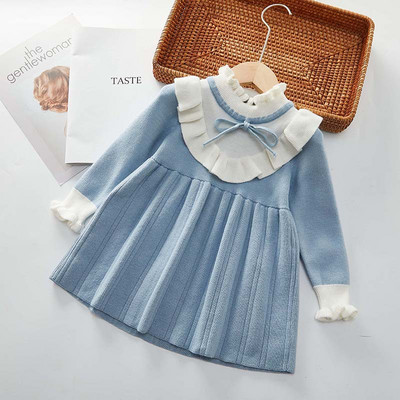 Βρεφικά κορίτσια φθινοπωρινά casual γλυκά φορέματα Χειμώνας 2022 Νέα παιδικά ρούχα Φόρεμα πουλόβερ με φιόγκο άνοιξη Πλεκτό φόρεμα με πλισέ