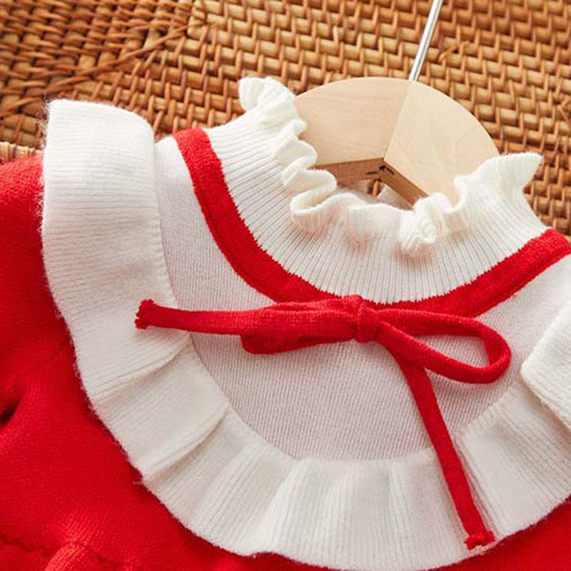 Βρεφικά κορίτσια φθινοπωρινά casual γλυκά φορέματα Χειμώνας 2022 Νέα παιδικά ρούχα Φόρεμα πουλόβερ με φιόγκο άνοιξη Πλεκτό φόρεμα με πλισέ