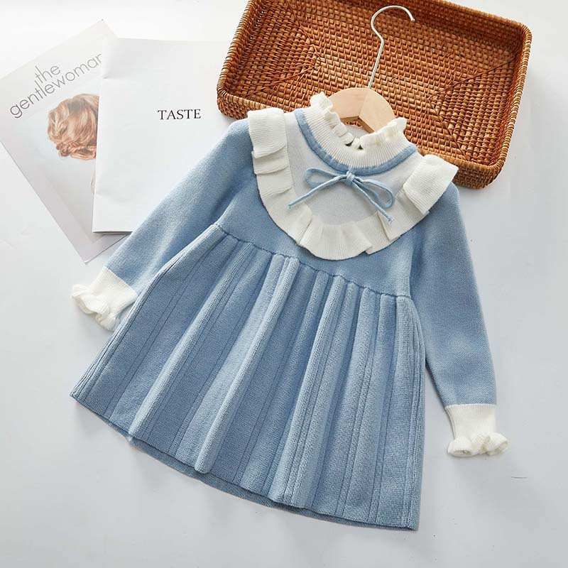 Βρεφικά κορίτσια φθινοπωρινά casual γλυκά φορέματα Χειμώνας 2022 Νέα παιδικά ρούχα Φόρεμα πουλόβερ με φιόγκο άνοιξη Πλεκτό φόρεμα με πλισέ