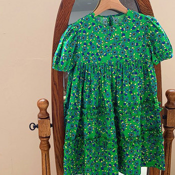 Καλοκαιρινό φόρεμα κοριτσιών διακοσμημένο με αγαρικά κορδόνια πράσινο λουλούδι κοντομάνικο Γλυκό φόρεμα πριγκίπισσας Παιδικά παιδικά ρούχα
