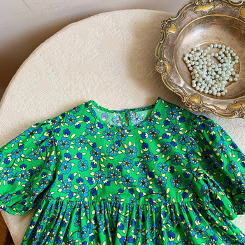 Καλοκαιρινό φόρεμα κοριτσιών διακοσμημένο με αγαρικά κορδόνια πράσινο λουλούδι κοντομάνικο Γλυκό φόρεμα πριγκίπισσας Παιδικά παιδικά ρούχα