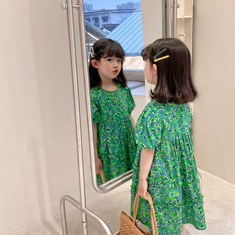 Καλοκαιρινό φόρεμα κοριτσιών διακοσμημένο με αγαρικά κορδόνια πράσινο λουλούδι κοντομάνικο Γλυκό φόρεμα πριγκίπισσας Παιδικά παιδικά ρούχα