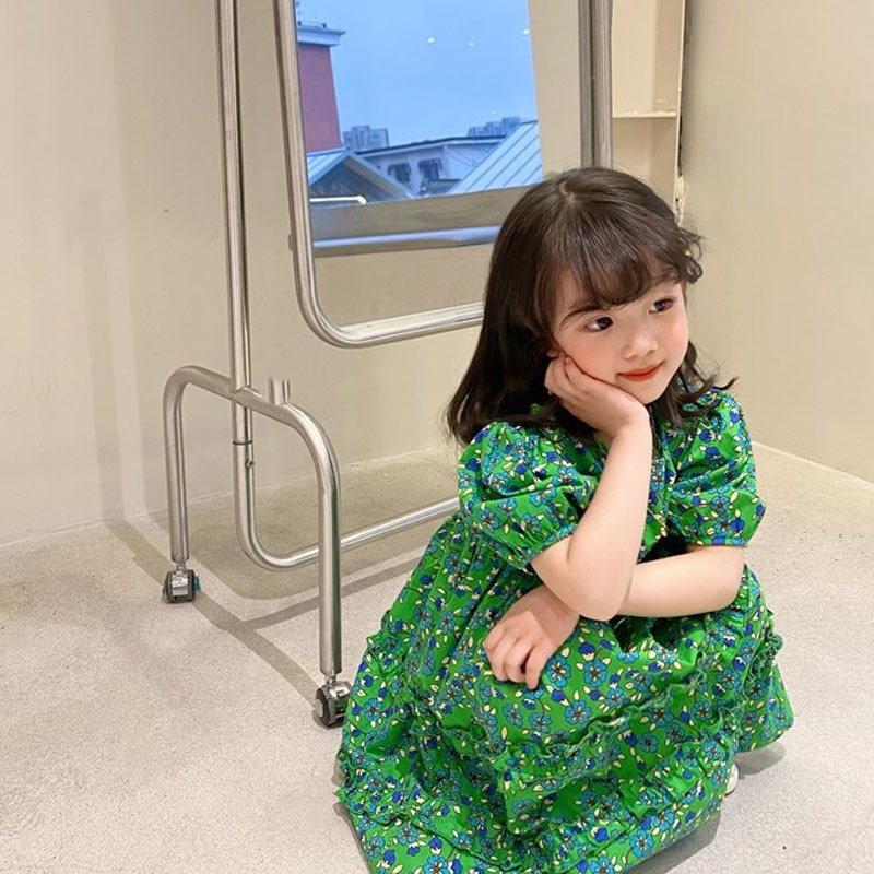 Καλοκαιρινό φόρεμα κοριτσιών διακοσμημένο με αγαρικά κορδόνια πράσινο λουλούδι κοντομάνικο Γλυκό φόρεμα πριγκίπισσας Παιδικά παιδικά ρούχα