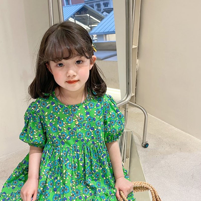 Καλοκαιρινό φόρεμα κοριτσιών διακοσμημένο με αγαρικά κορδόνια πράσινο λουλούδι κοντομάνικο Γλυκό φόρεμα πριγκίπισσας Παιδικά παιδικά ρούχα