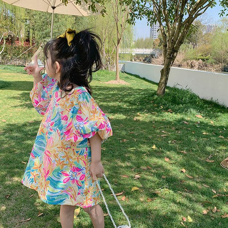 Suvine tüdrukute kleit, lilledega, varrukatega, vaba vabaaja kleit beebidele, lasteriided tüdrukule