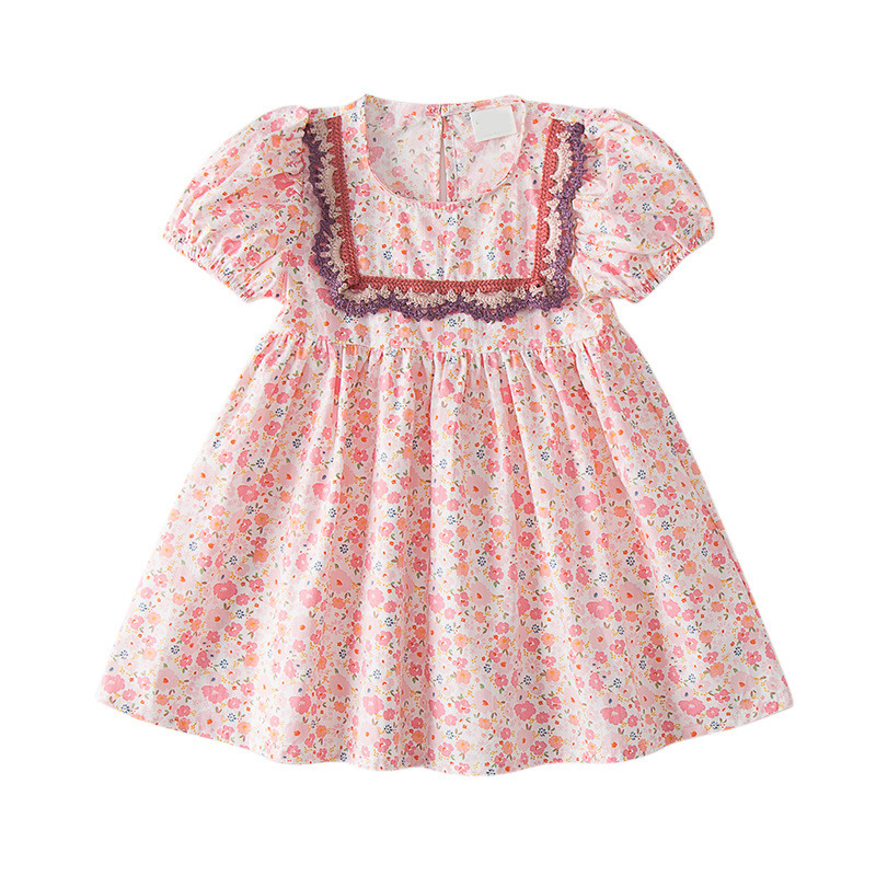 2022. aasta suvine uus beebitüdruku kleit Korea versioon, puhvis varrukas, ruudukujuline kael, pits lilleline printsess Vestidos lasteriided